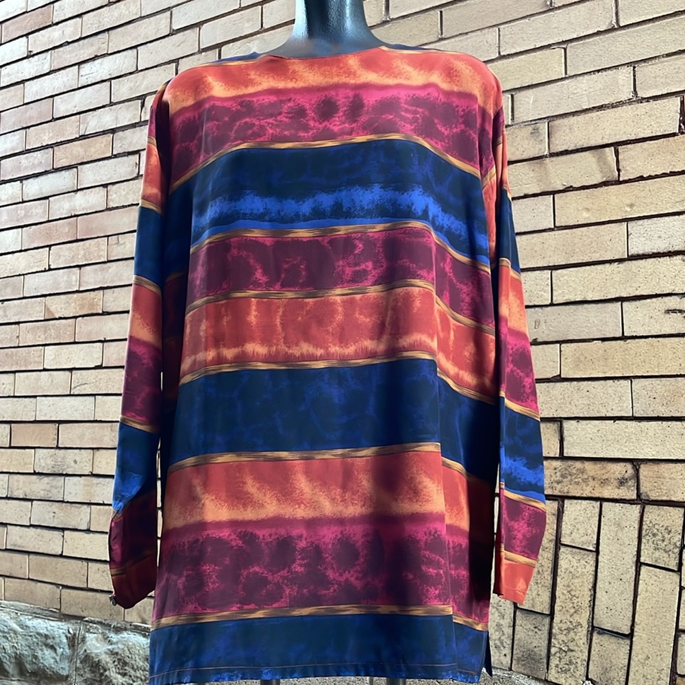 Vintage Rodier Paris 100% Silk Abstract Stripe Blouse in Earth Tones Size 7 XL
